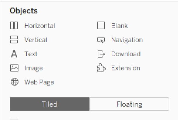 Tableau object types from the Dashboard panel